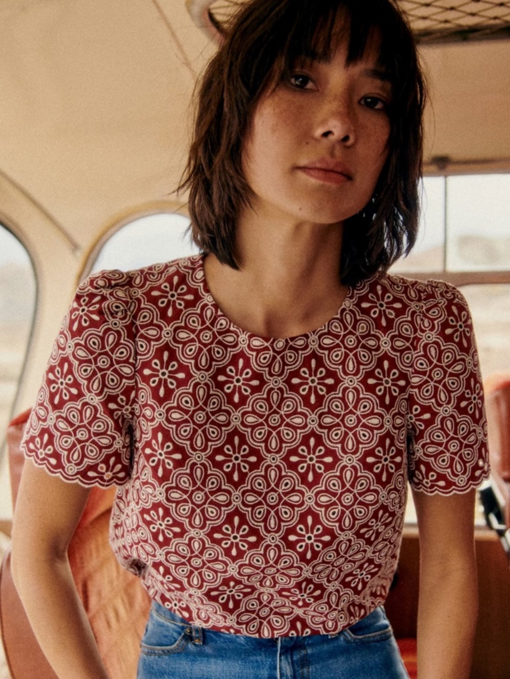 Sezane Annabelle Blouse Contrasting Embroidery Burgundy Ecru - Size 8